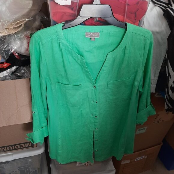 NEW ! JM Casual Top Blouse Shirt Women Turquoise V Neck  3/4 Roll Sleeve Size 10 - Picture 1 of 9